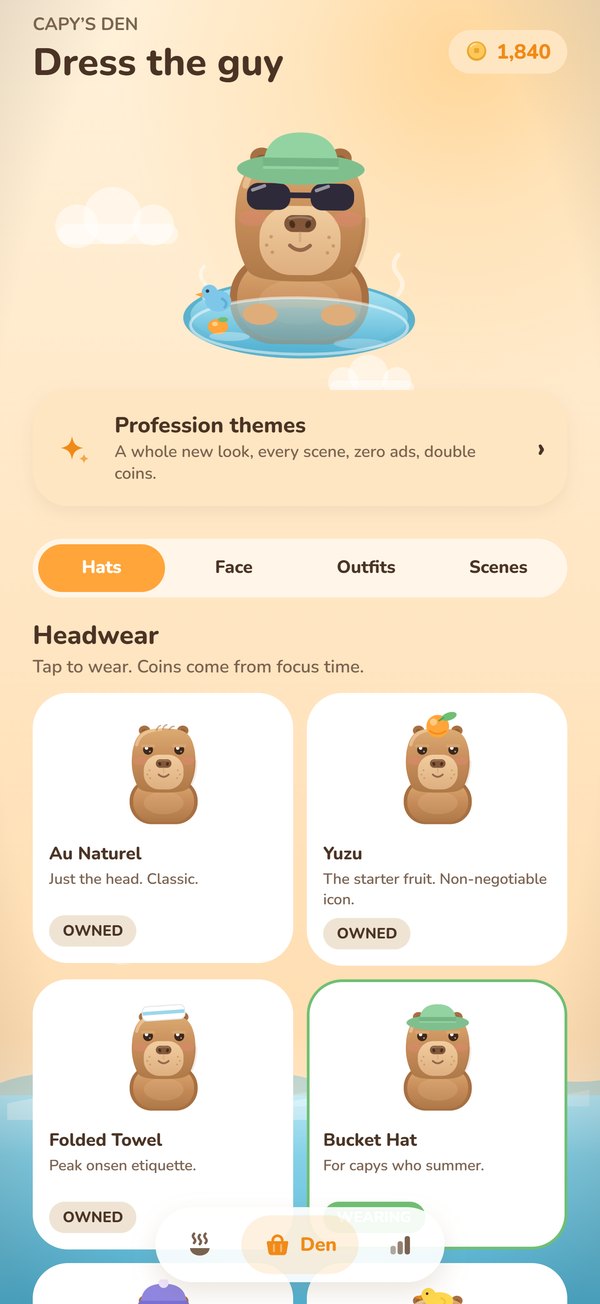 Capy's Den: Dress the guy — Capy in a bucket hat and sunglasses, the Profession themes card, and a grid of hats including Folded Towel and Bucket Hat