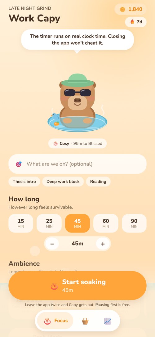 Work Capy — the focus screen with duration and ambience pickers