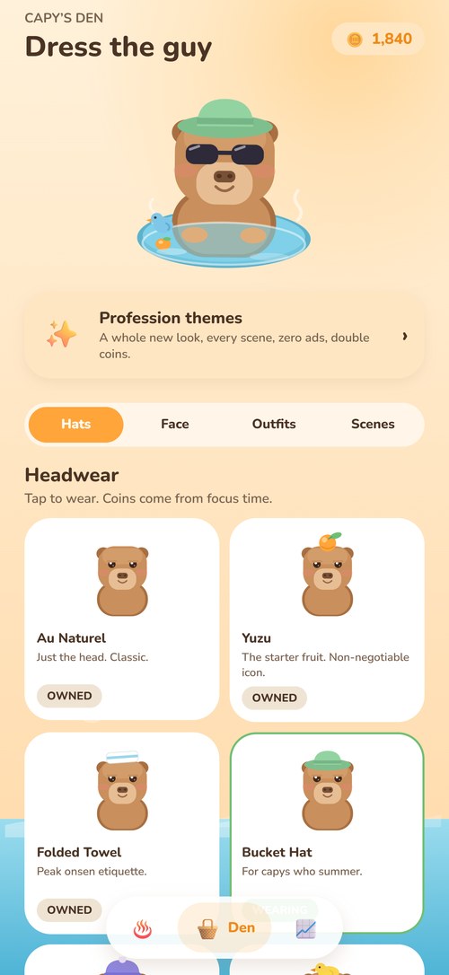Work Capy — the Den, where coins buy hats and scenes